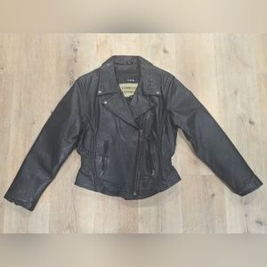 Vintage Tennessee Leather Moto Jacket Womens M Black Braided Trim Cinched Waist